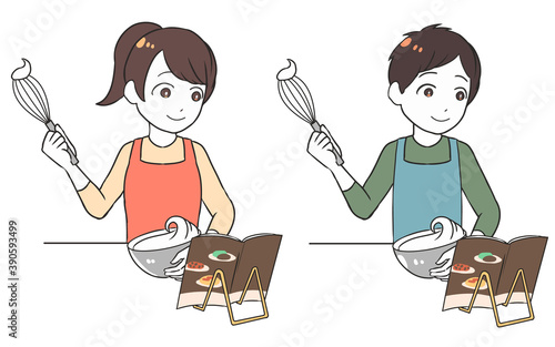 レシピ本を見ながら泡立てる　ホイップ