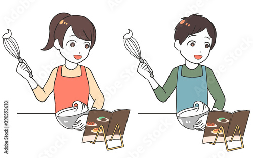 レシピ本を見ながら笑顔で泡立てる　ホイップ