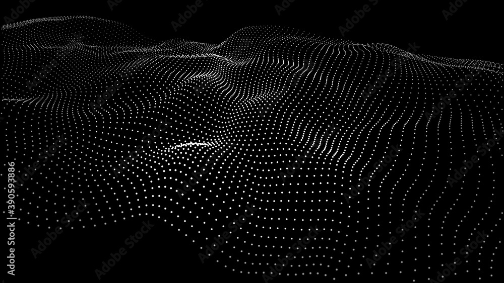 Big data stream. Abstract wave with moving dots. Flow of particles. Vector cyber technology illustration.