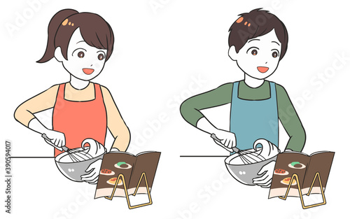 レシピ本を見ながら笑顔でかき混ぜる　ホイップ