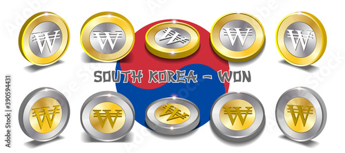 Set of two sample types of 3d bimetallic coins with round gradient, shadows and bright glares. Golden and silver money sign of the South Korea - won. EPS10