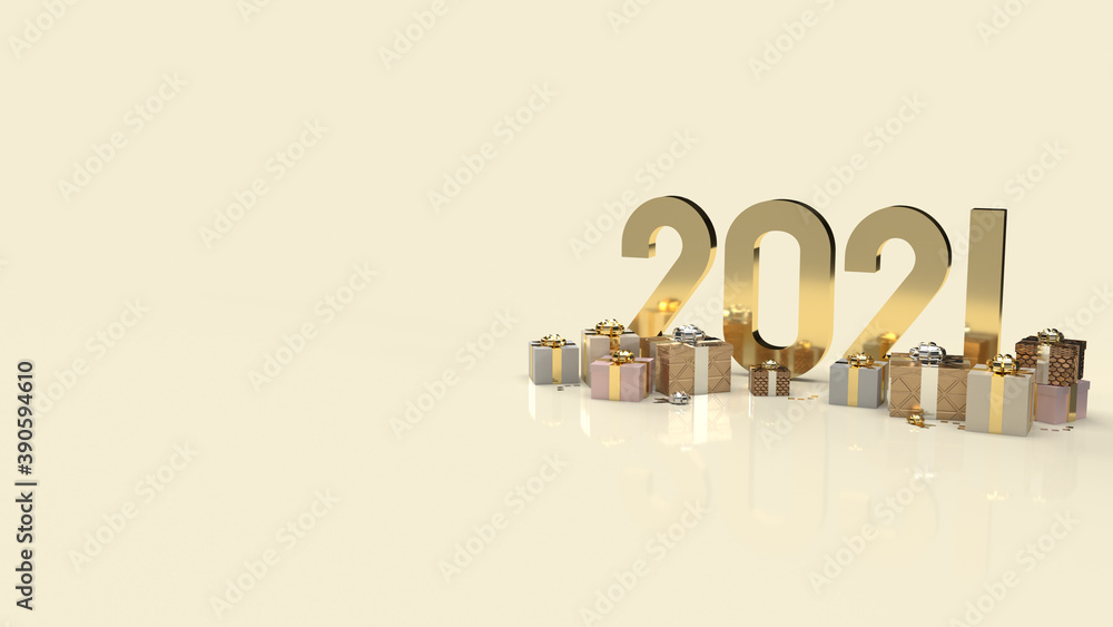 gold 2021 text and gift box for new year content 3d rendering. gold 2021 text and gift box for new year content 3d rendering.