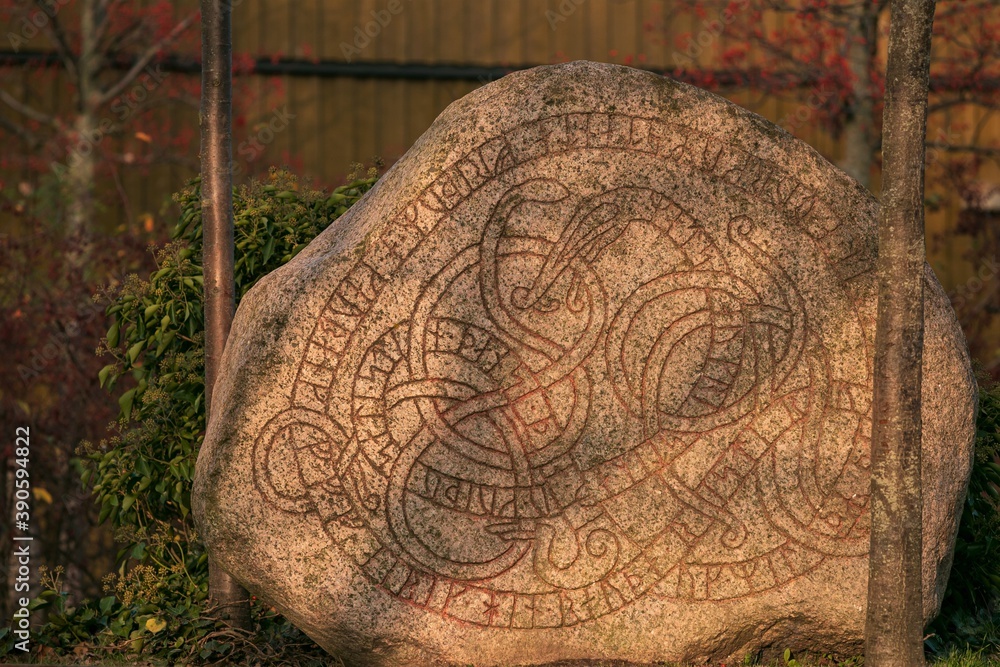 rune stone with midgard serpent in Trelleborg Sweden, viking runes ...