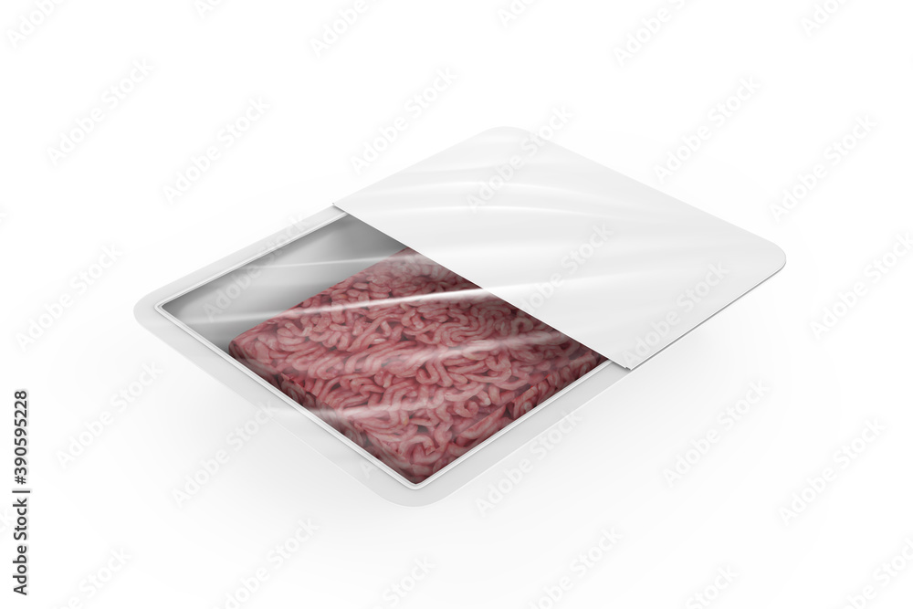 Plastic Tray With Beef Mince Mockup isolated on white background. 3d