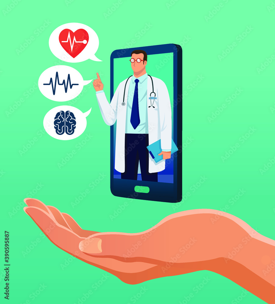 Open hand with online web health consultation on smartphone with doctor image. Open hand with online web health consultation on smartphone with doctor image.