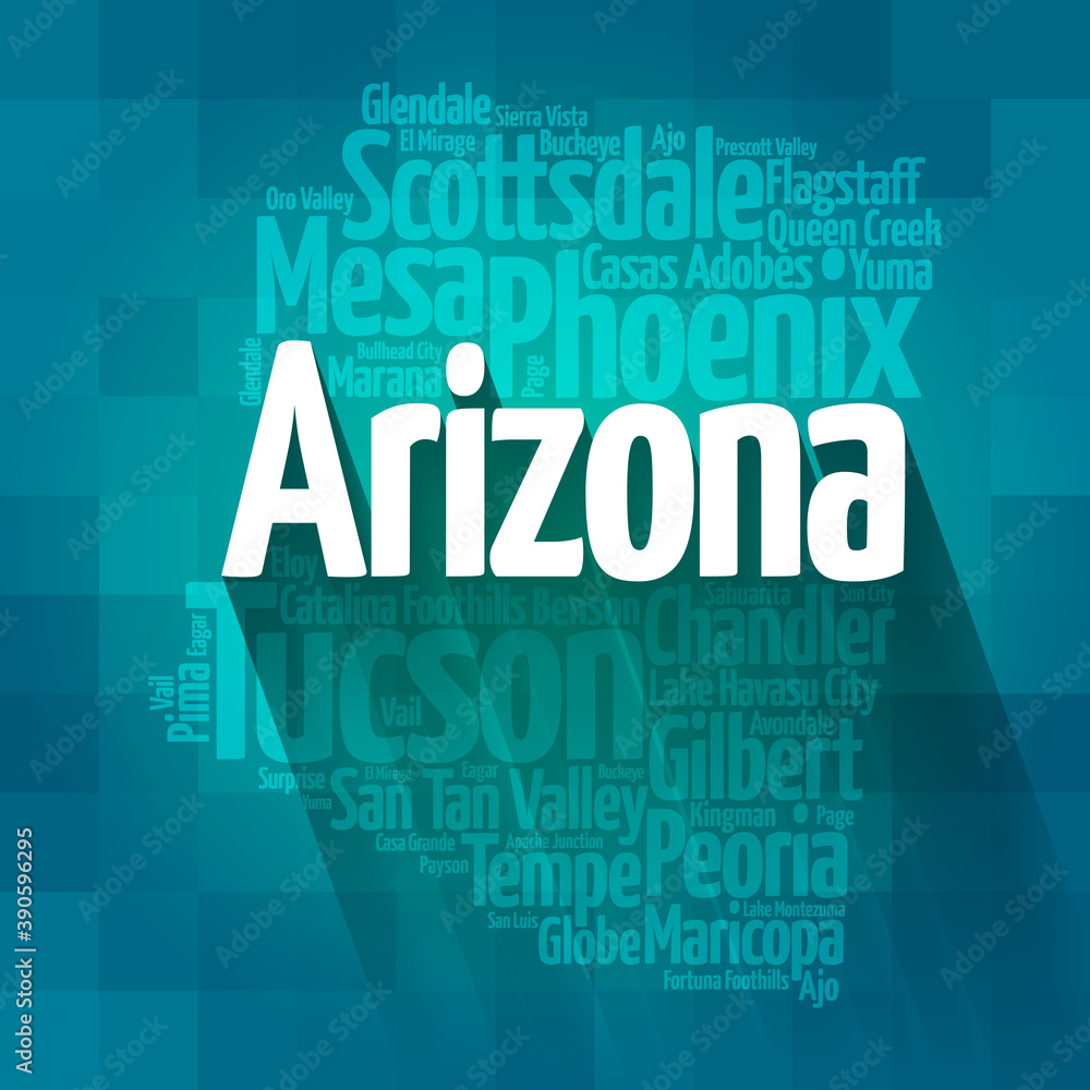 List of cities in Arizona USA state, map silhouette word cloud map concept