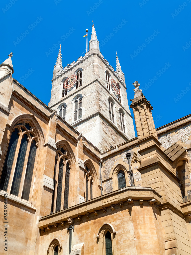 Southwark Cathedral at London Bridge London England UK built around 666AD rebuilt in a Norman Gothic style in 1206AD and is a popular travel destination tourist attraction landmark, stock photo image