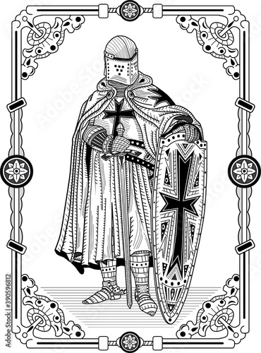 Crusader knight in battle armor, zentangle
