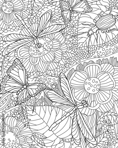 Wallpaper Mural Antistress coloring page. Nature floral pattern with insects  Torontodigital.ca