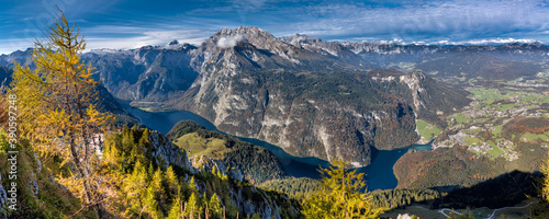 View on Königssee and Watzmann from the summit of Jenner in Berchtesgadener Land, Bavaria, Germany, in autumn.