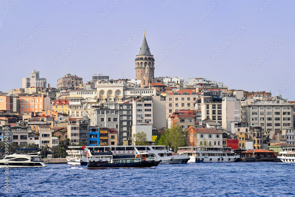 Picturesque panorama of Istanbul, Turkey. View of the Galata Tower and ferries