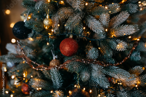 Closeup of a decorated Christmas tree.