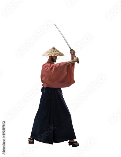 japanese samurai in historical uniform on white background photo