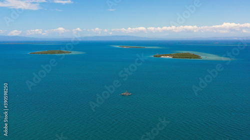 Aerial view of tropical Islands in the Cebu Strait. Seascape: Islands in the sea.