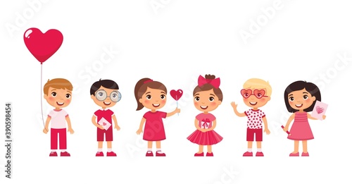 Little boys and girls dating, celebrating Valentines Day flat vector illustration. Young girlfriends and boyfriends isolated cartoon characters set. Children with February 14 presents