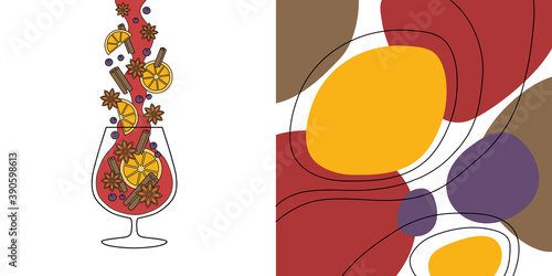 Christmas mulled wine drawing, orange slice, cinnamon sticks, blueberries and star anise doodles illustration