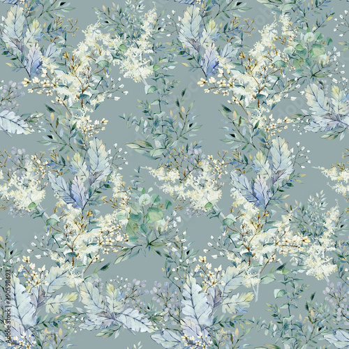 Watercolor seamless pattern greenery branches and leaves. Winter navy blue floral background for wrapping paper, textile fabric, background.