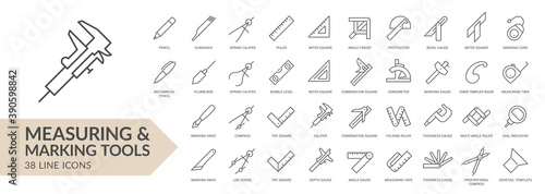 Measuring & marking tools line icon set. Isolated signs on white background. Vector illustration. Collection