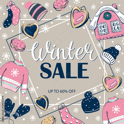 Colorful hand-drawn banner winter sale. Vector background. Objects are isolated.