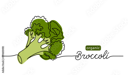 Broccoli vector doodle illustration. One line drawing art illustration with lettering organic broccoli.