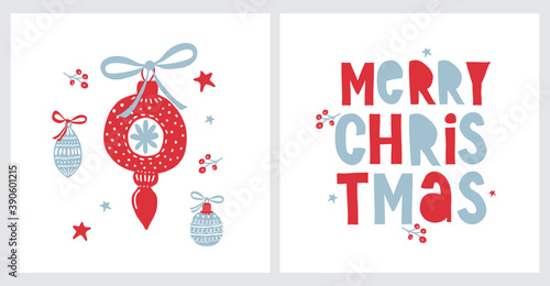 Funny Hand Drawn Christmas Vector Card. Cute Christmas Tree Decorations. Red and Blue Baubles Isolated on a White Background. Simple Blue and Red Printable Winter Holiday Illustration ideal for Card.