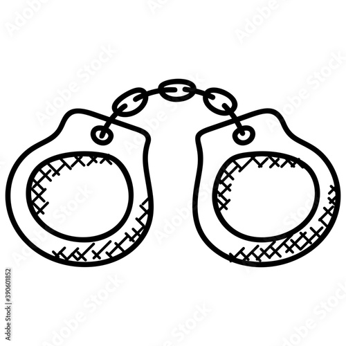 
To circles linked together with a chain depicting handcuffs 

