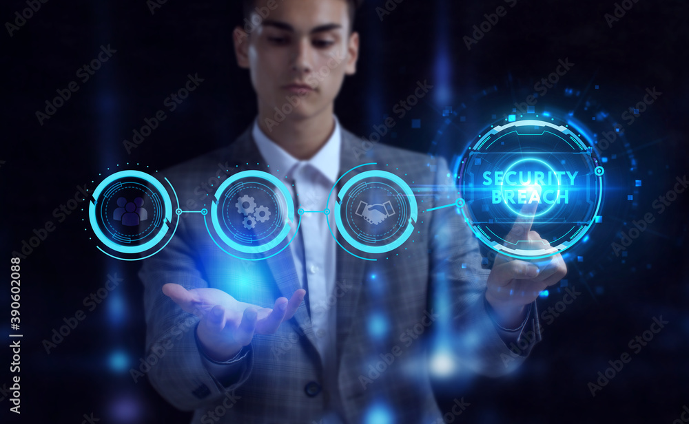 Business, Technology, Internet and network concept. Young businessman working on a virtual screen of the future and sees the inscription: Security breach Business, Technology, Internet and network concept. Young businessman working on a virtual screen of the future and sees the inscription: Security breach