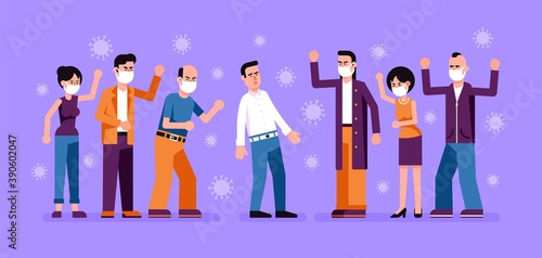 New normal during pandemic. Aggressive people in medical masks against man without mask. Vector illustration.