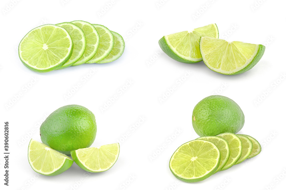 Collection of limes on a white background