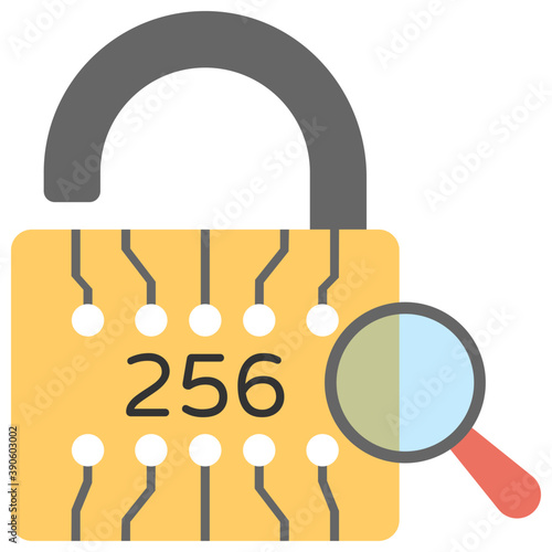 
Digital padlock with 256 number text and magnifying glass to generate 256 bit unique signature for bitcoin encryption 
