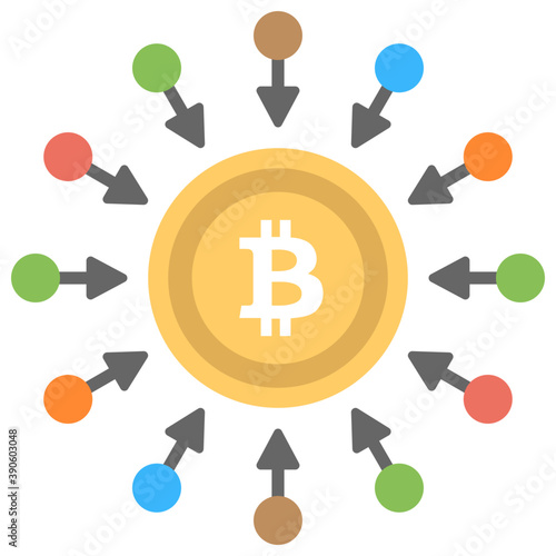 
Cryptocurrency, the bitcoin sign is surrounded by numerous arrows showing decentralized exchange 
