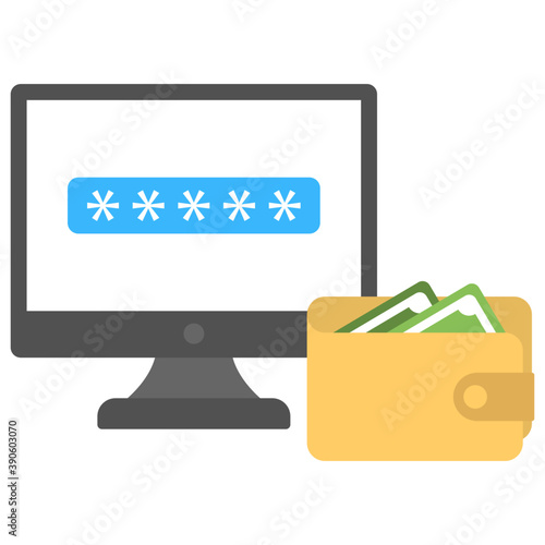 
A digital desktop screen with secured with password and wallet near it, describing bitcoin wallet concept 
