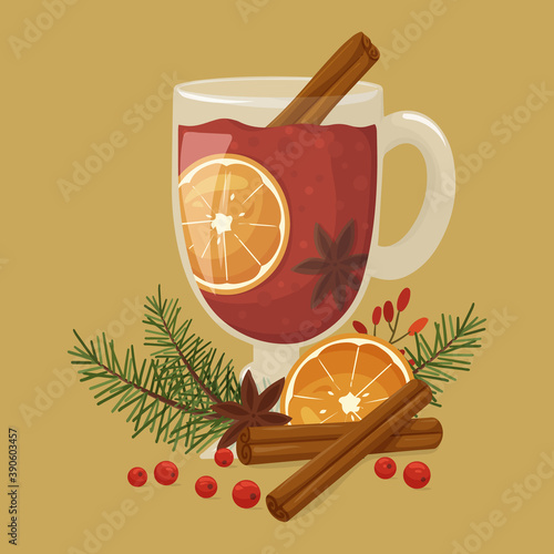 Mulled wine in glass with ingredients and pine branches. Winter hot drink. Design for Holidays invitation card, poster, banner, greeting card, postcard, packaging, print. Vector illustration. 
