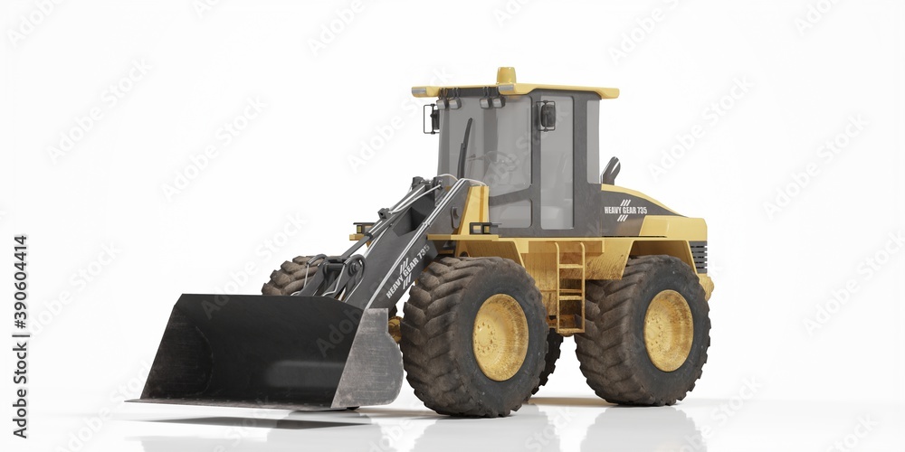 Fototapeta premium Bulldozer, powerfull concept. Massive yellow hydraulic earth mover isolated on white. Right to left direction. 3D render. Side view