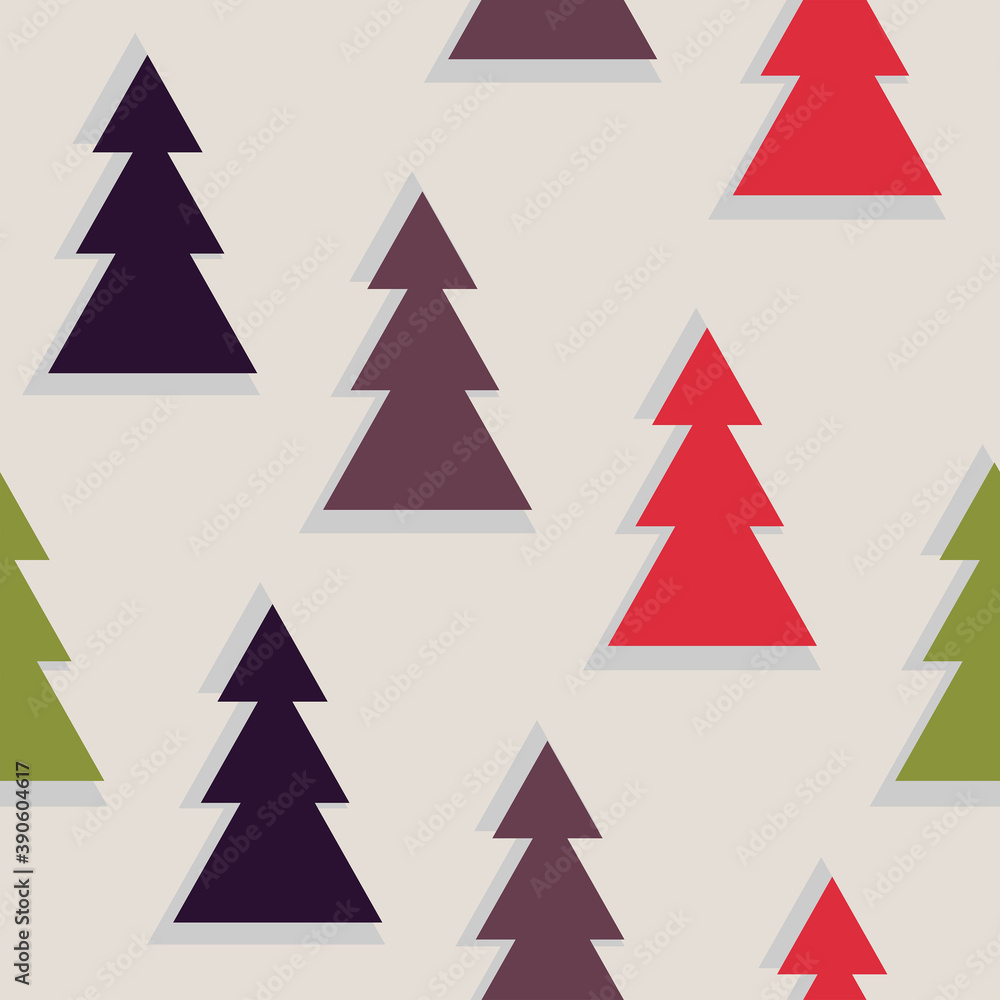 Greeting card for the new year. A set of simple geometric images of firs of different colors. Vector seamess pattern in a palette of Christmas colors