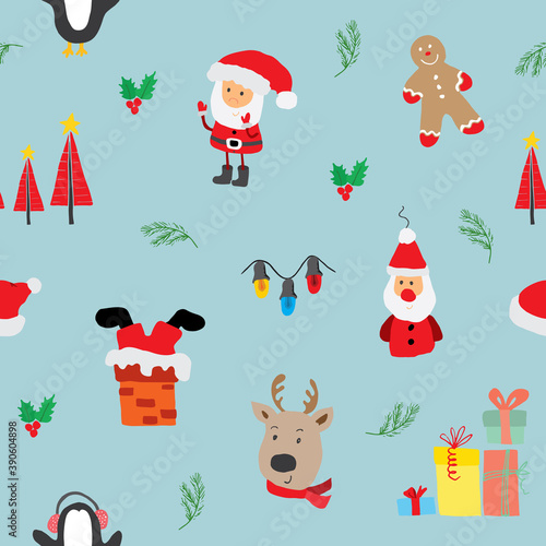 Fototapeta Naklejka Na Ścianę i Meble -  New Year and Christmas seamless pattern, hand drawn doodles Seamless Pattern. Background Vector Illustration