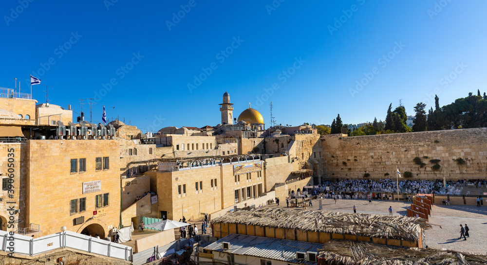 Panoramic view of Western Wall Plaza square beside Holy Temple Mount with Dome of the Rock shrine and Bab al-Silsila minaret in historic Old City of Jerusalem, Israel