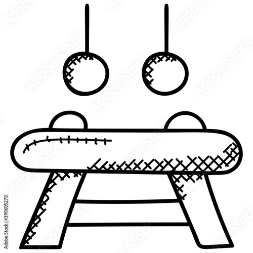 
A male gymnastic machine of metal, wood and plastic handles  depicting pommel horse.
