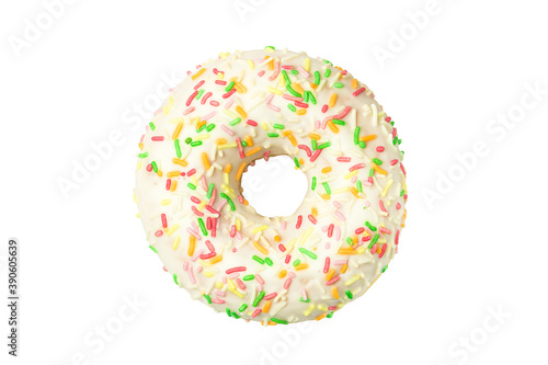 Donut in white glaze with colored sprinkles isolated on white background