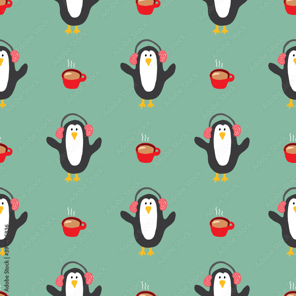 Obraz premium New Year and Christmas seamless pattern with penguins, hand drawn doodles Seamless Pattern. Background Vector Illustration