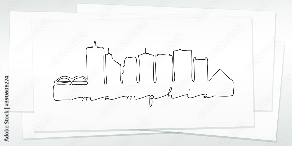 Memphis, TN, USA Doodle Skyline Hand Drawn. City One Line Art Illustration Landmark. Minimalistic Sketch Pen Background.