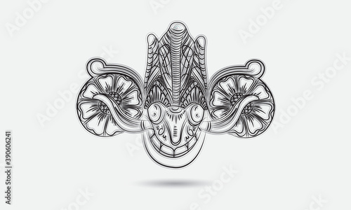 Traditional Sri Lankan Mask Black & White Illustration - Line Drawing