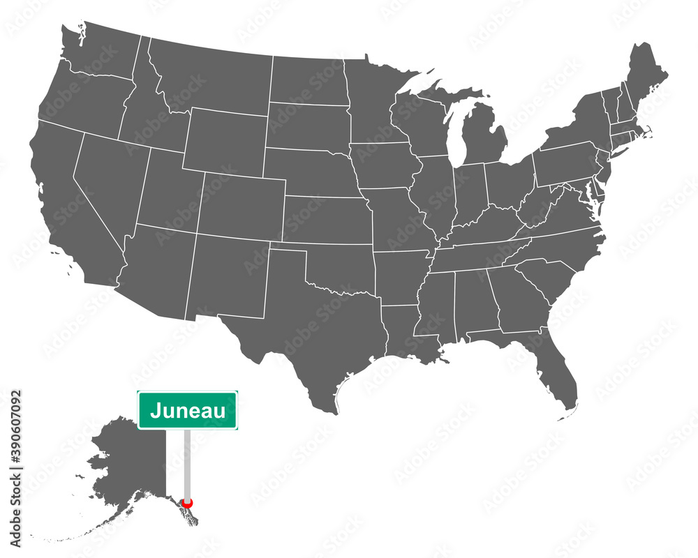 Juneau Ortsschild und Karte der USA