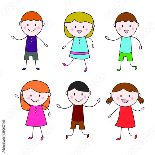 Set of Cute Doodle Happy Kids Illustration Vector.