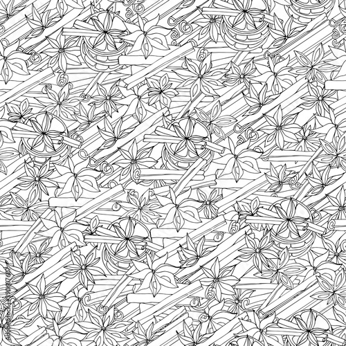 Black and white seamless background of spices, cinnamon sticks, anise stars, vector endless pattern. Sketch, coloring.