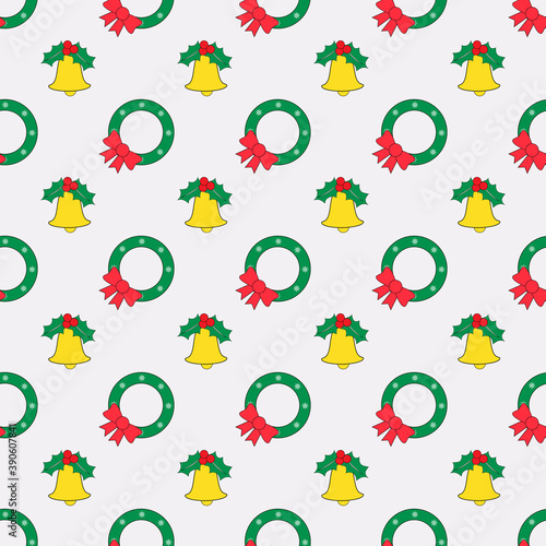 Christmas attributes seamless pattern. Holly bell and Christmas wreath.