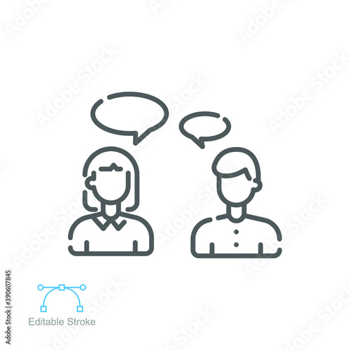 People talking icon. Social forum communication on social media. Two people debate and speaking on phone. Line outline pictogram Editable stroke. Vector illustration. Design on white background EPS 10
