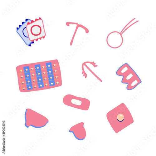 different types of contraception. flat vector illustration by hand isolated on white background