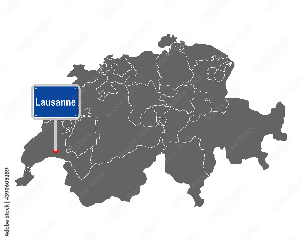 Landkarte der Schweiz mit Ortsschild von Lausanne