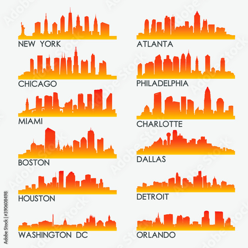 USA Skyline City Silhouette Design Collection. Vector Illustration Set Clip Art.